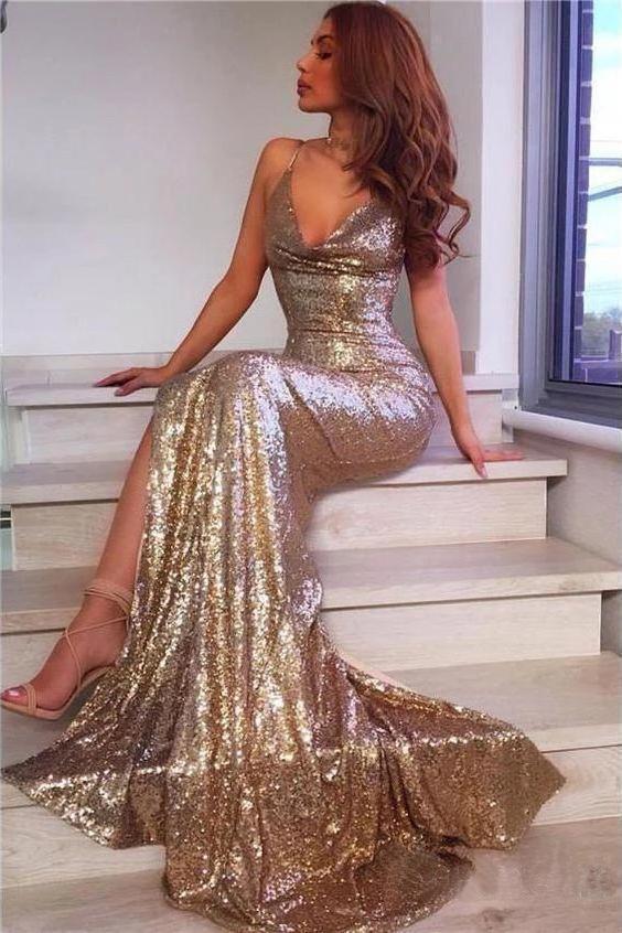 Sexy Champagne Gold Mermaid Prom Dresses Side Slit Backless Formal Dresses