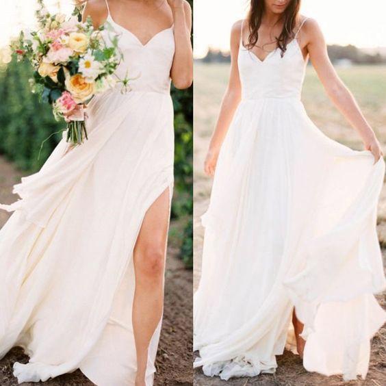 Sexy Spaghetti Straps Boho Bridal Dress with Slit V Neck Side Slit Beach Wedding Dresses