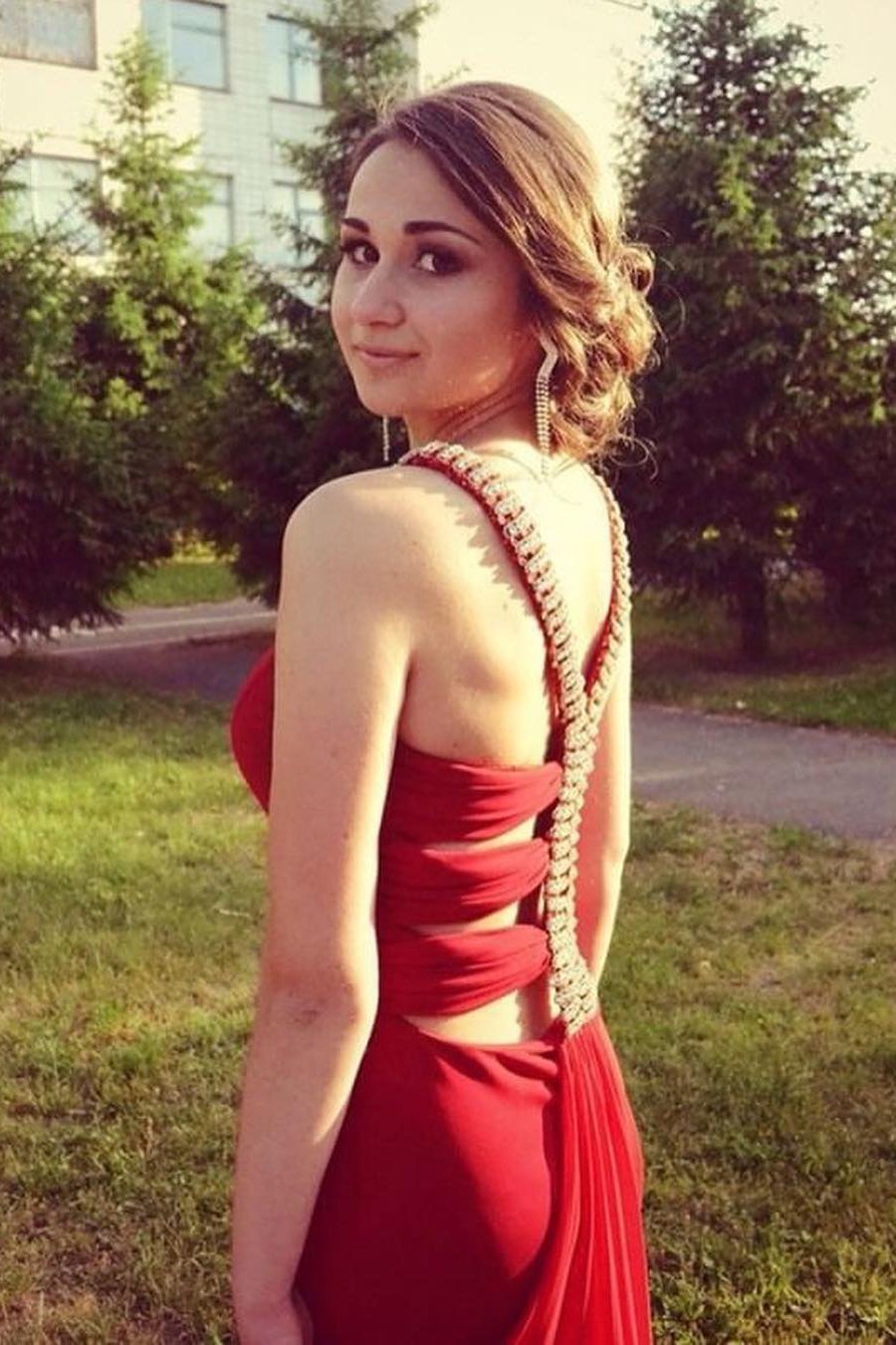 Simple Red Mermaid High Neck Prom Dresses Chiffon Open Back Evening Dresses