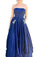 Simple Royal Blue Satin Strapless Beads Lace up Floor Length Prom Dresses with Pockets