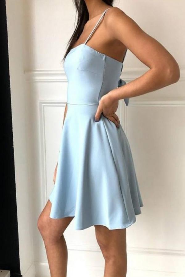 Simple Spaghetti Straps Light Blue Satin Homecoming Dresses Cute Short Prom Dresses
