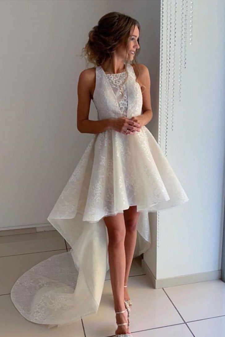 Unique Ivory Halter High Low Homecoming Dresses with Lace Short Prom Dresses