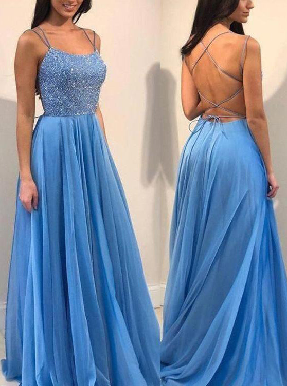 Blue A-line Spaghetti Straps Beading Backless Long Prom Dresses