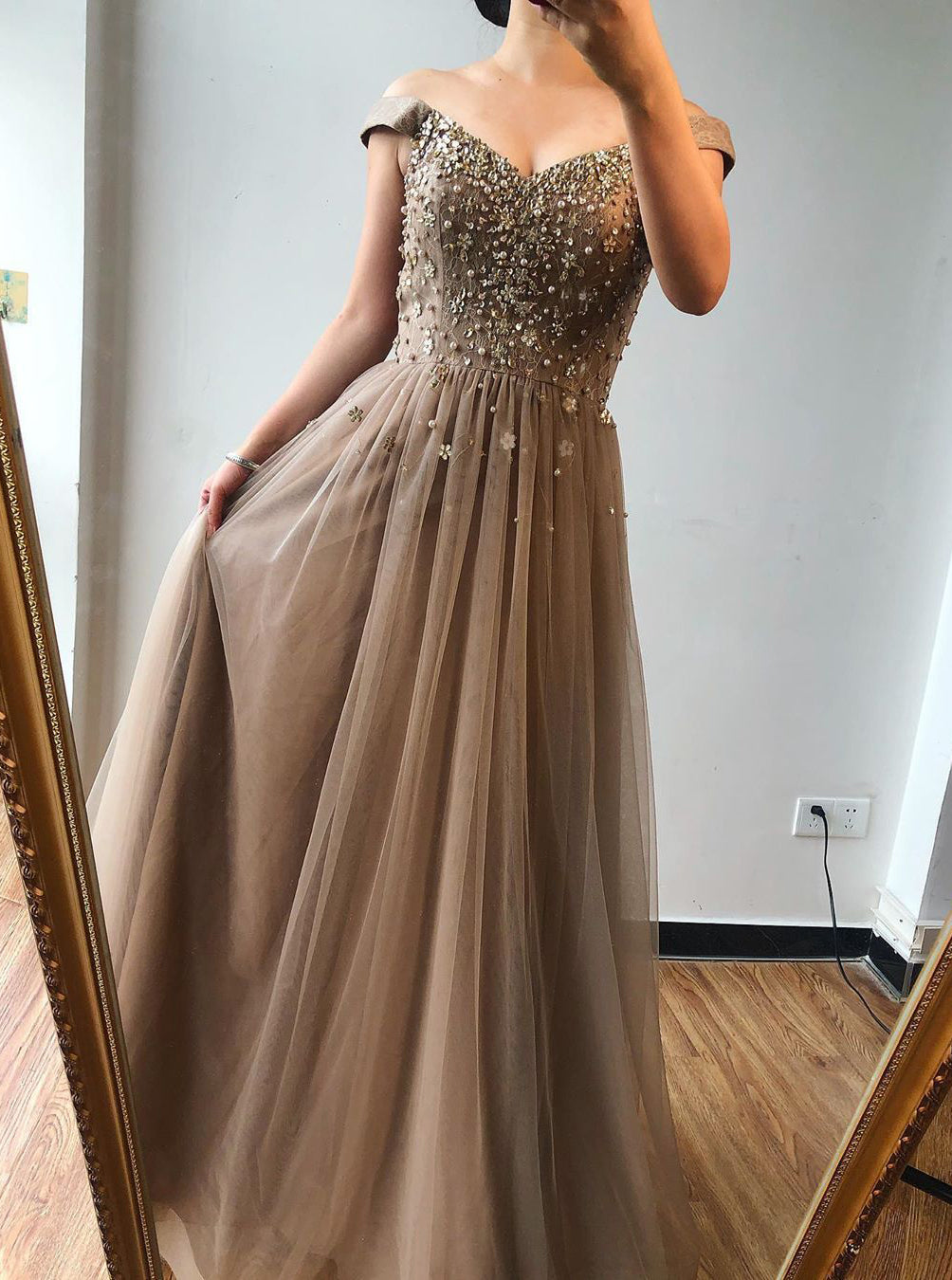Brown A-line Off-the-shoulder Beaded Long Prom Dresses Evening Gown