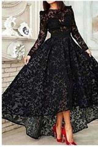 Elegant High Low Black Lace Long Sleeveless Cheap High Neck A-Line Prom Dresses