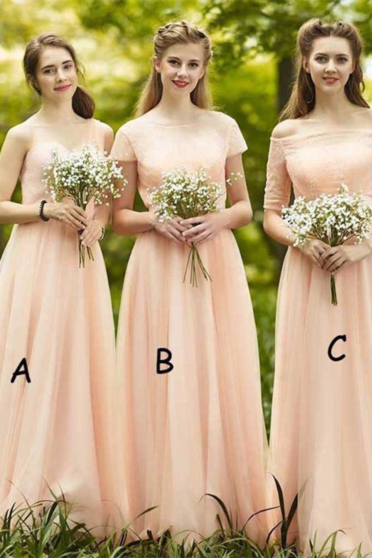 Beautiful Long A-Line Pink Elegant A-Line Lace Tulle Bridesmaid