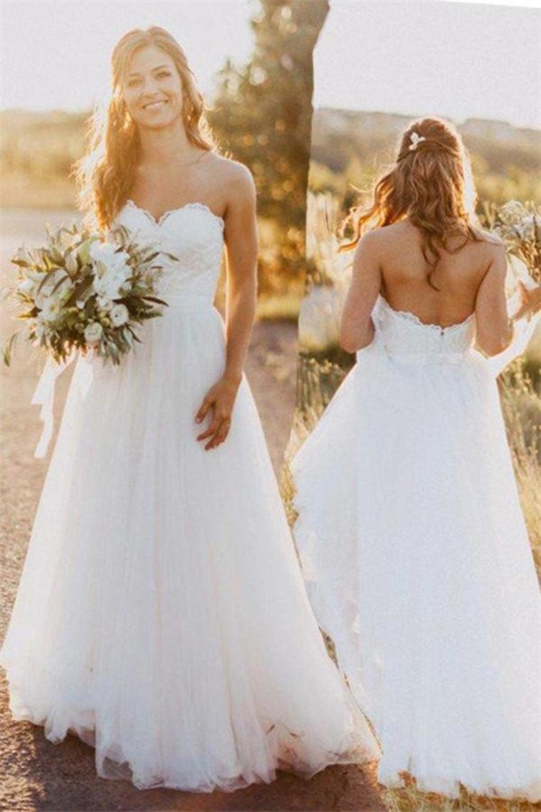 Charming Ivory Lace Tulle Open Back Sweetheart Wedding
