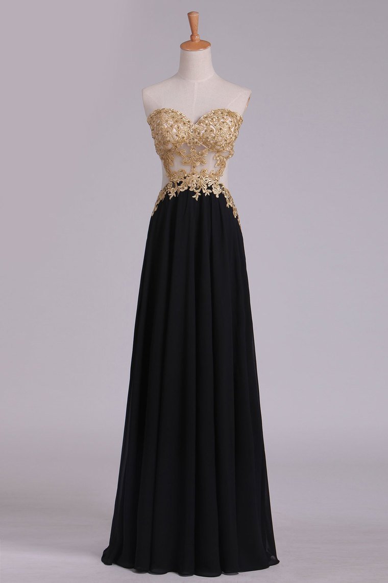 Sweetheart Prom Dresses A Line Chiffon With Gold Applique Sweep