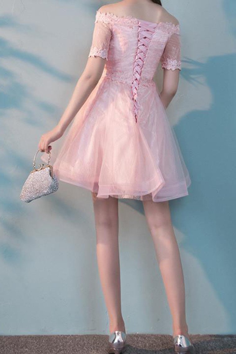 2021 A Line Boat Neck Tulle With Applique Homecoming Dresses Short