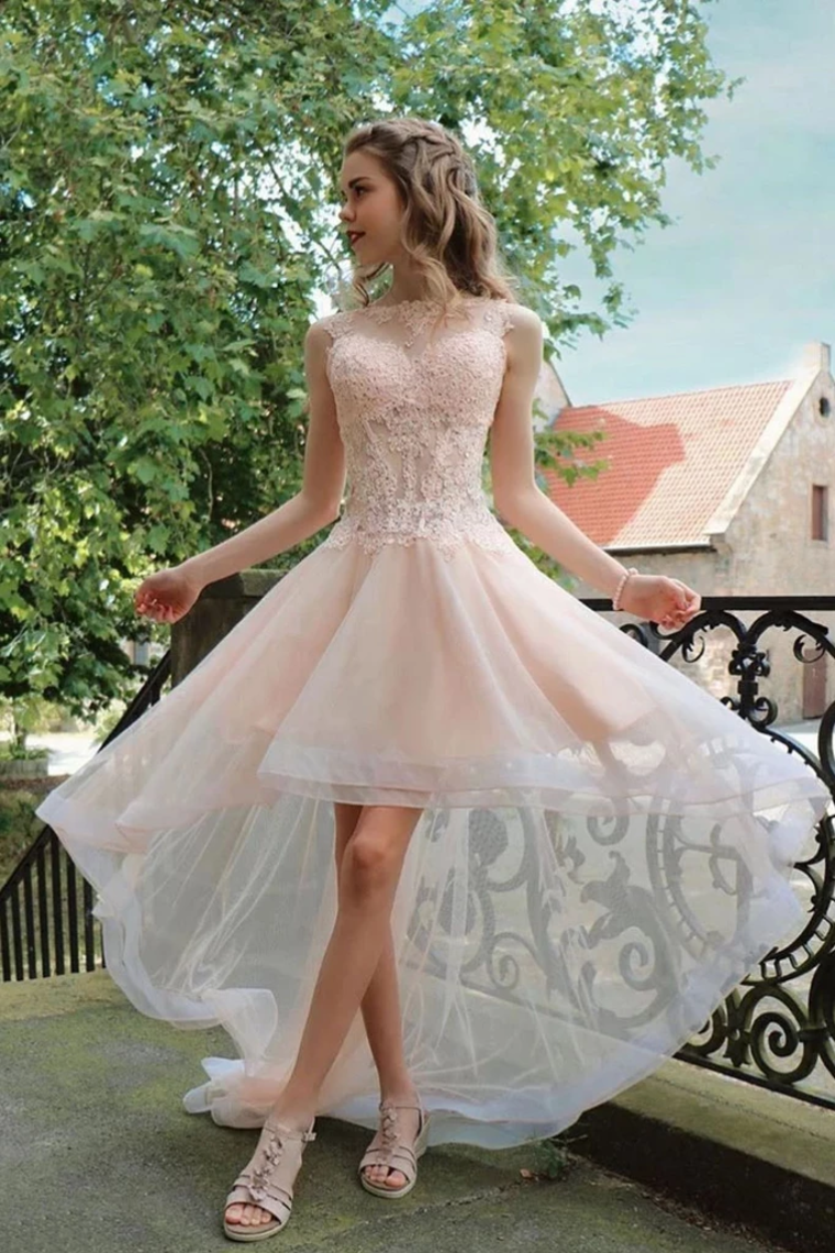 High Low Sleeveless Tulle Prom Dress With Appliques Party