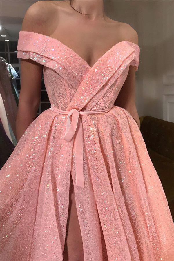 A Line Pink Sequins Off the Shoulder Prom Dresses with Split, V Neck Dance Dresses STC15013