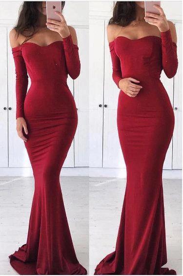 Sexy Off the Shoulder Long Sleeve Sweetheart Red Prom Dresses, Graduation STC15668