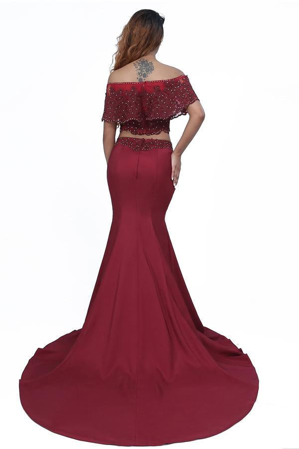 Elegant Mermaid Off the Shoulder Two Pieces Beades Burgundy Prom STC20416