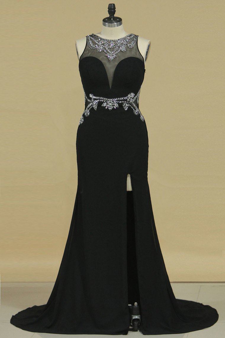 Prom Dresses Sheath Scoop Chiffon With Beads And Slit Sweep