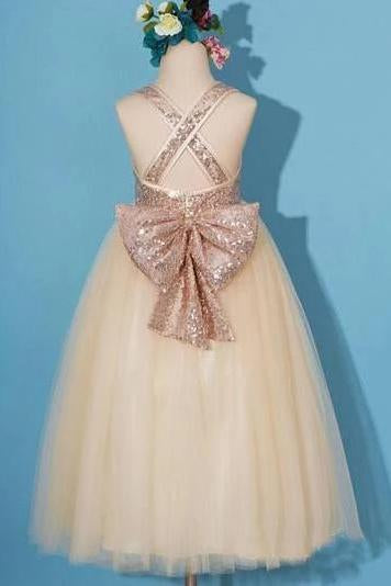 Princess Gold Sequin Shiny Round Neck Flower Girl Dresses with Bowknot, Baby Dresses STC15589