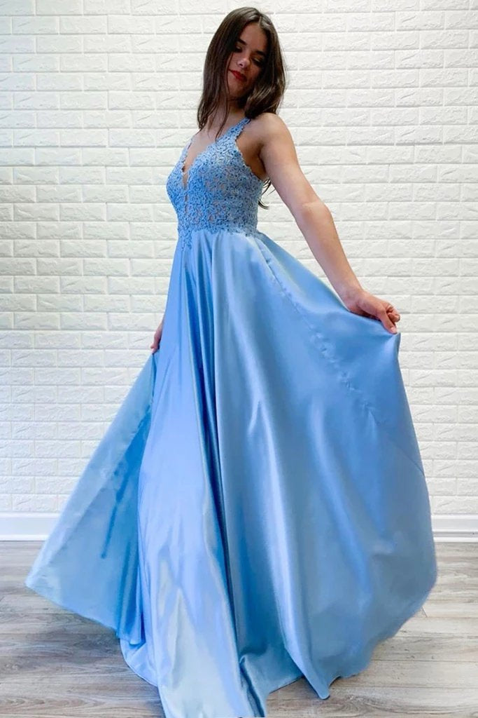 Flowy A-line V Neck Lace Long Prom Dresses Blue Satin Open Back Evening Party Dresses STC15229