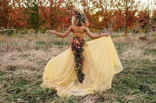 Chic Two Pieces Yellow Long Country Wedding Dresses With Lace, Cheap Prom Dresses STC15508
