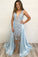 V Neck Lace Glamorous Blue Sleeveless Sexy Mermaid Evening Dresses Prom Dresses