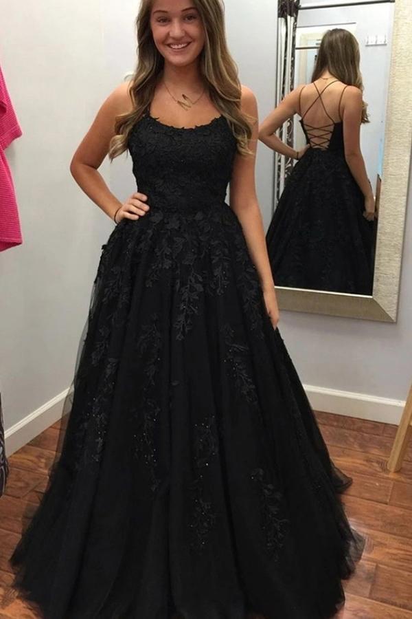 A Line Round Neck Black Lace Prom Dresses with Beading, Beads Criss Cross Party Dresses STC15017