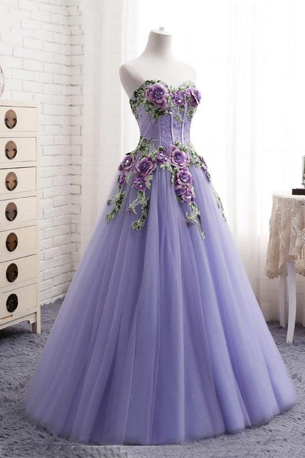 Elegant Strapless Sweetheart 3D Flowers Tahiti Prom Dresses Tulle Long Party Dresses STC15205