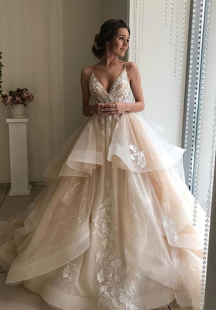 Spaghetti Straps V Neck Wedding Dresses with Layer, Sleeveless Wedding Gowns STC15424