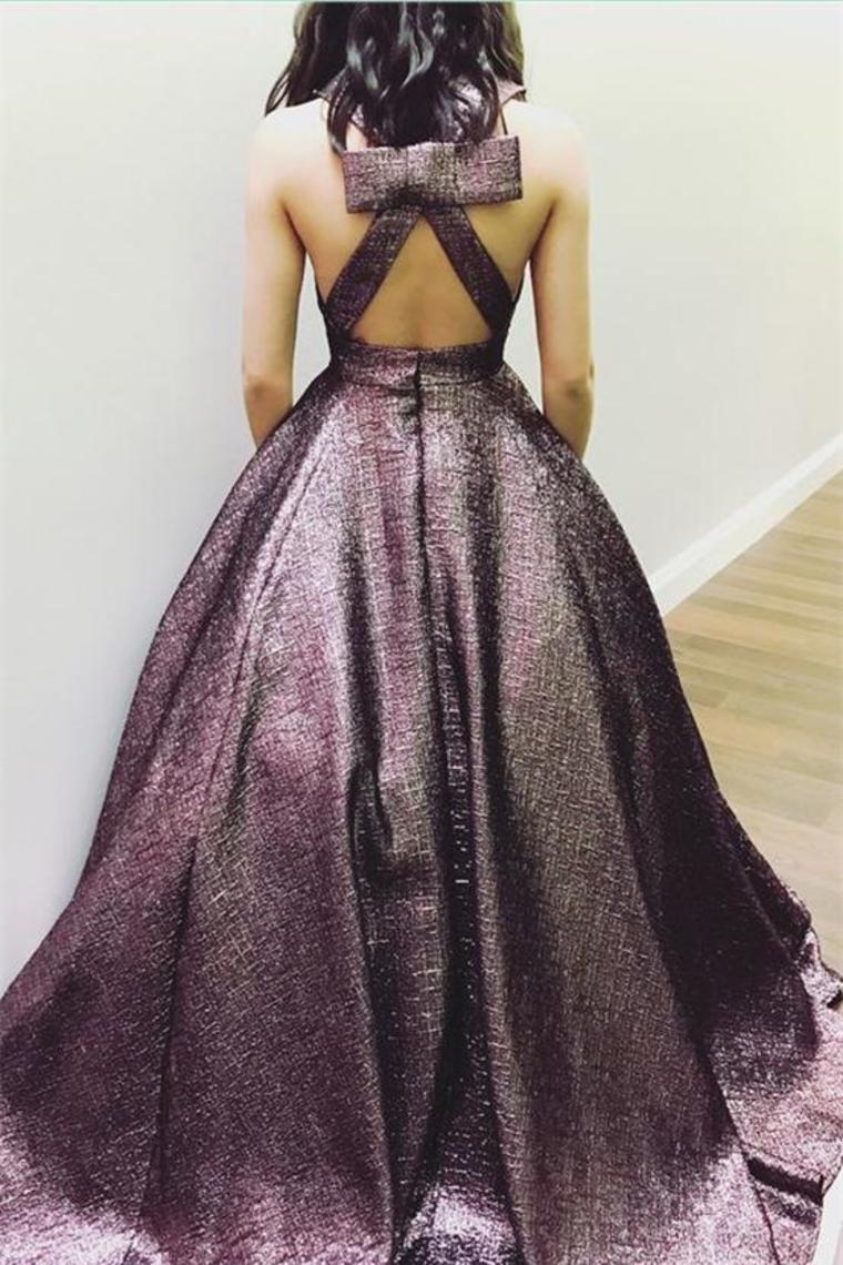 Gorgeous Long V-Neck Open Back Princess Prom Dresses With