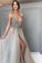 Pretty Deep V-Neck Long Beading Tulle A-Line Gray Prom