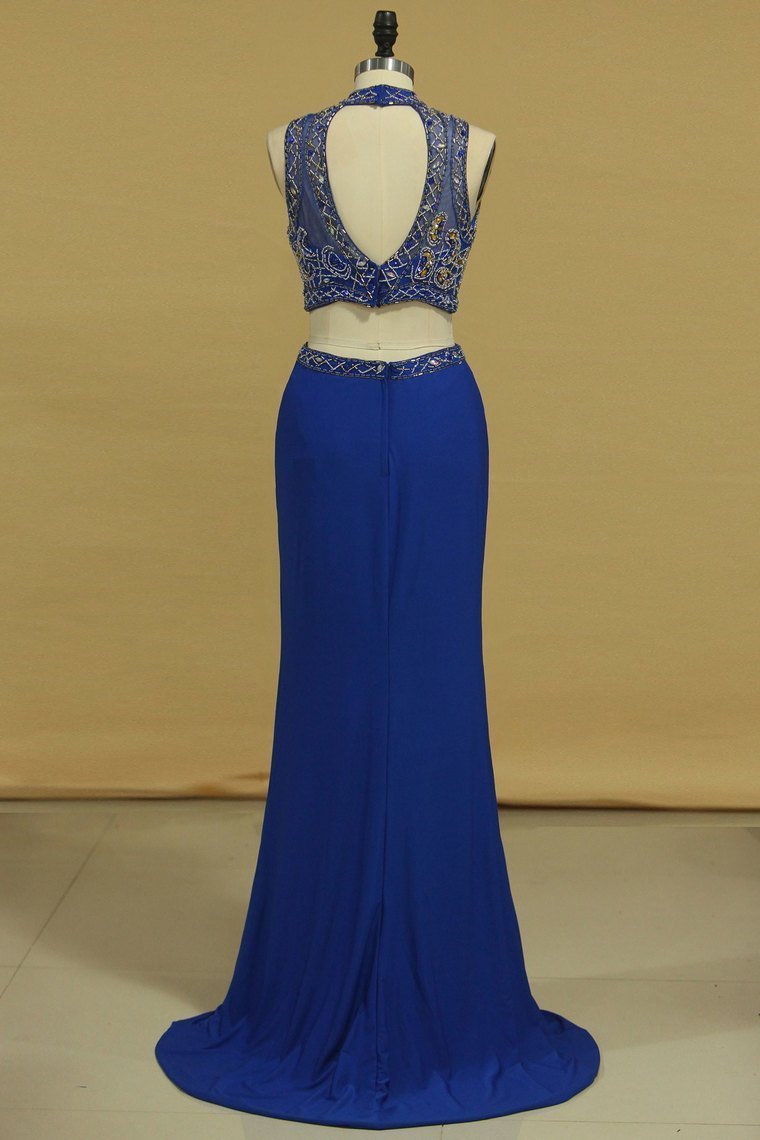 Two Pieces Column Prom Dresses High Neck With Beading