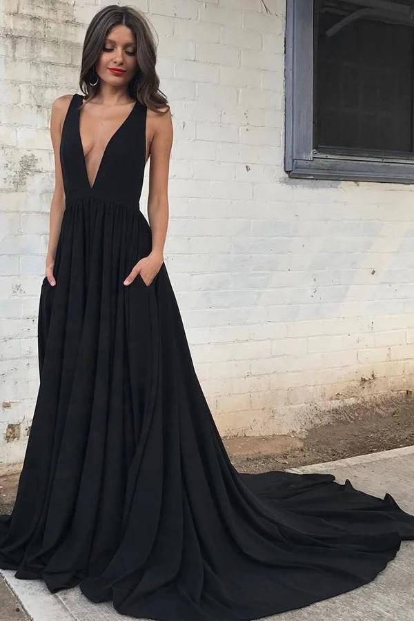 Simple Deep V Neck Black Backless Prom Dresses with Pockets, Long Formal Dresses STC15390