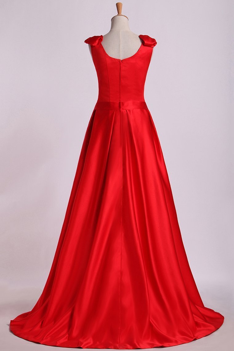 Evening Dress V-Neck Bubble Shoulder A-Line Satin Floor-Length