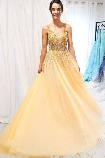 A Line Gold V Neck Beading Tulle Prom Dresses Spaghetti Straps Long Cheap Formal Dress STC14999