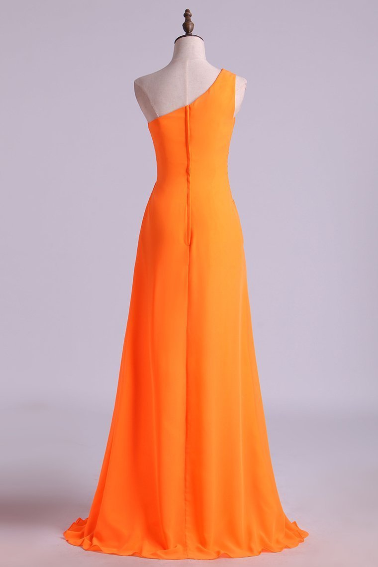 One Shouder Column Evening Dresses Chiffon With Beads With Ruffles