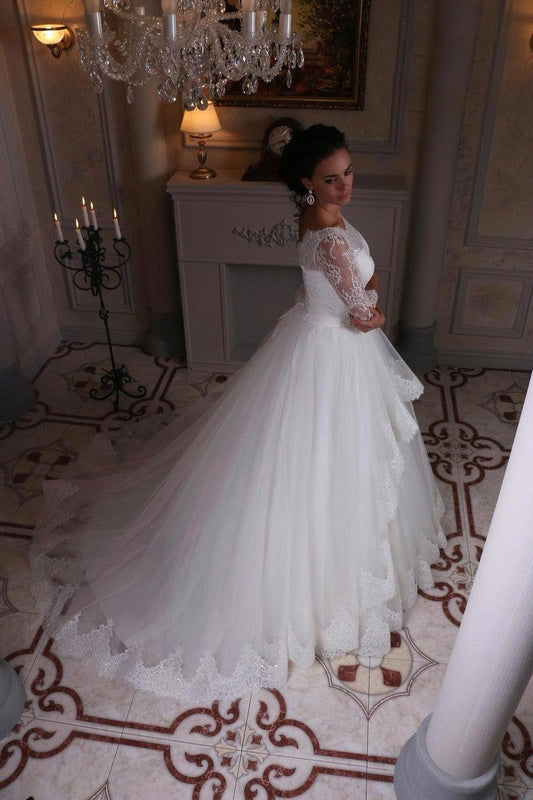2021 3/4 Length Sleeve Wedding Dresses Ball Gown Tulle With Applique Sweep Train