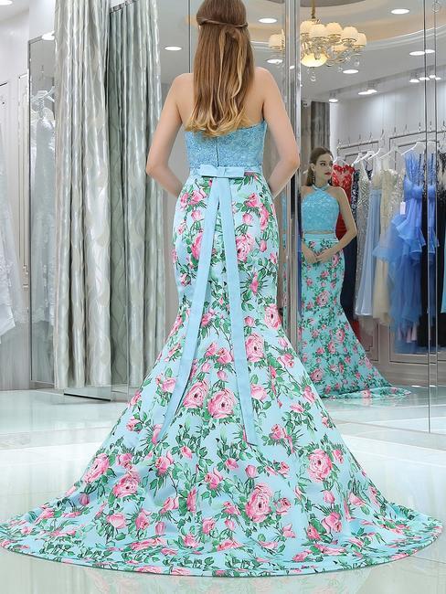 Elegant Mermaid Halter Two Pieces Blue Floral Prom Dresses, Beads Evening Dresses STC15178
