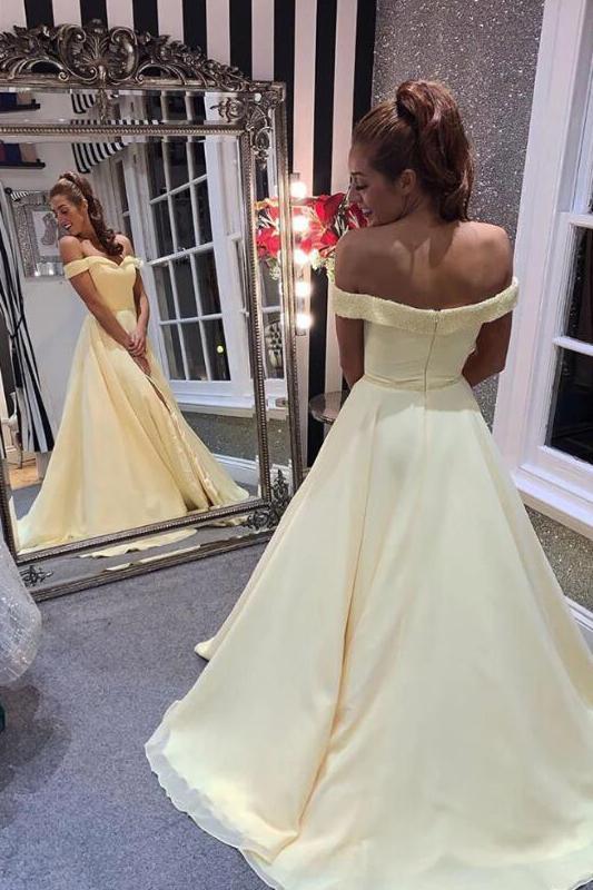 A Line Off the Shoulder Sweetheart Yellow Prom Dresses, Long Formal Dresses STC15551
