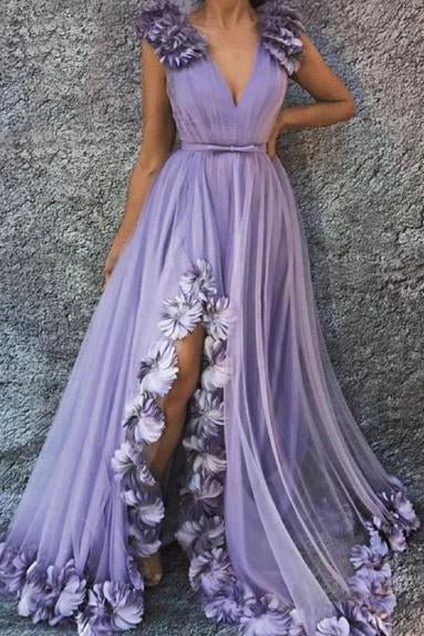 Charming A Line V Neck Long Flowers Rushed Tahiti Prom Dresses With Silt STC15093