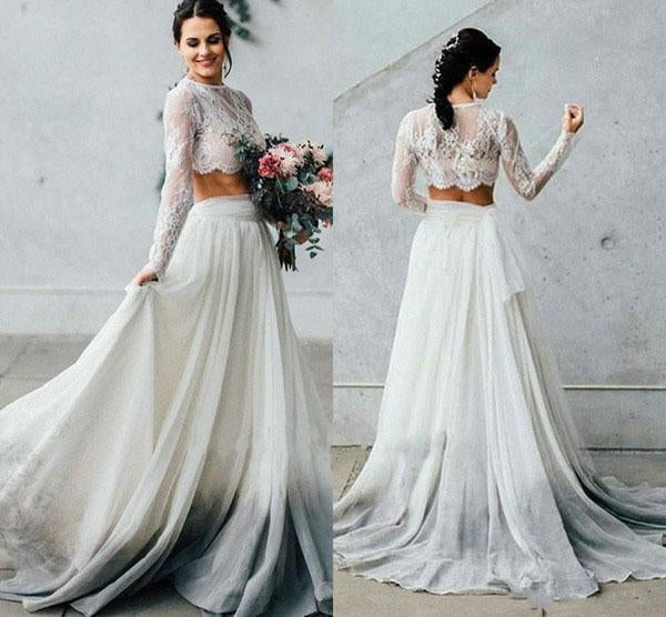 Elegant Two Pieces Chiffon Long Sleeves Wedding Dress with Lace Appliques STC15209