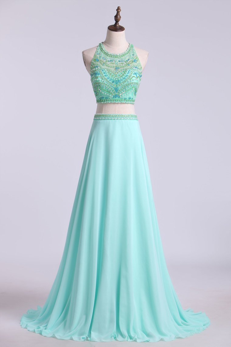 Prom Dresses Two Pieces Halter A Line Chiffon Beaded