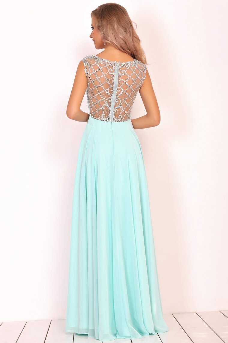 2024 A Line Boat Neck Chiffon Prom Dresses With Beading Floor Length