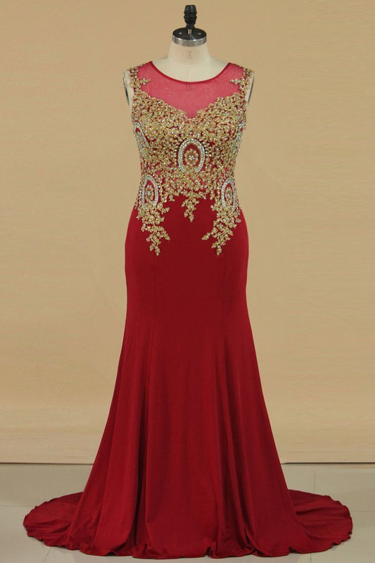 Plus Size Prom Dresses Scoop Mermaid Spandex With Applique Sleeveless Burgundy/Maroon