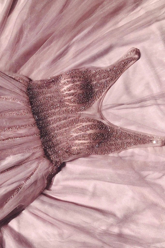 Elegant A Line Tulle Pink V Neck Beads Prom Dresses, Long Evening STC20477