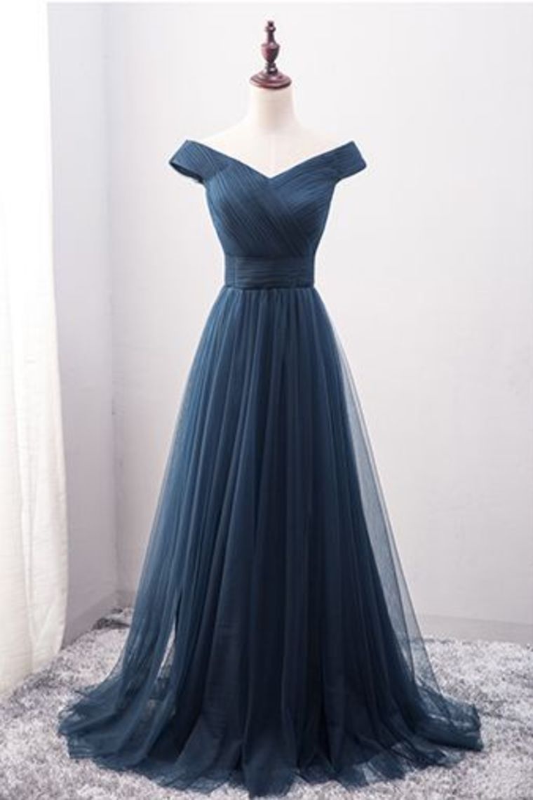 2024 Off The Shoulder A Line Prom Dresses Ruffled Bodice Tulle Sweep
