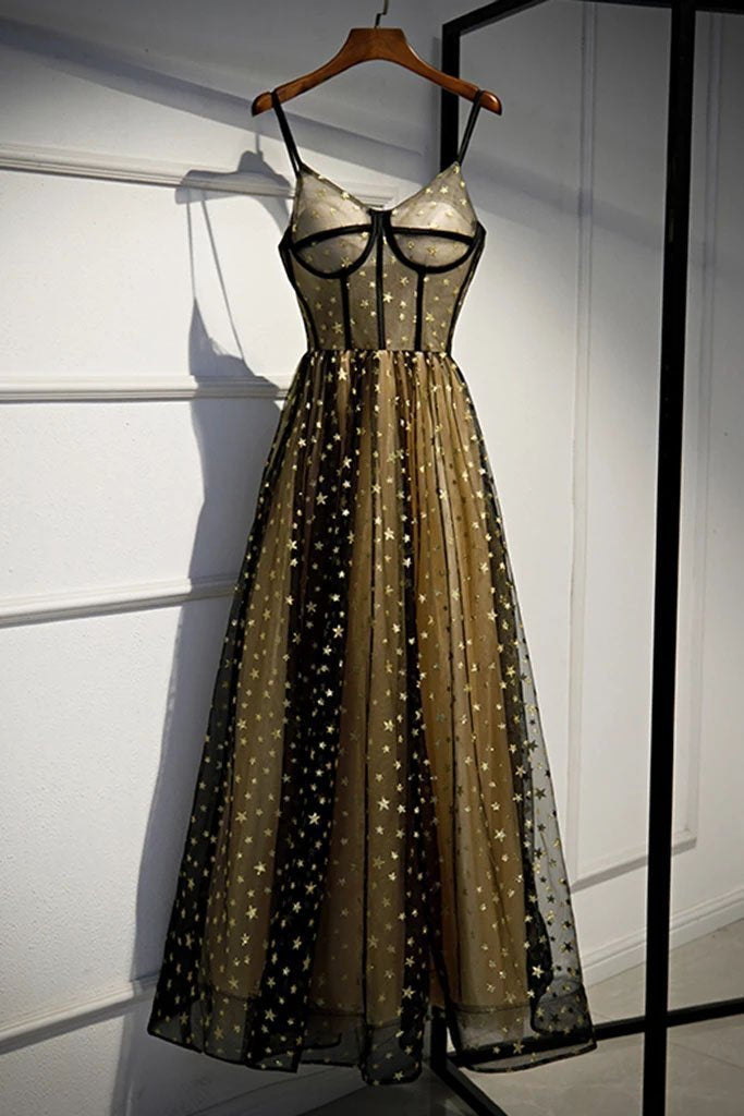 Charming Spaghetti Straps Sweetheart Black Tulle Prom Dresses with Stars, Party Dresses STC15127