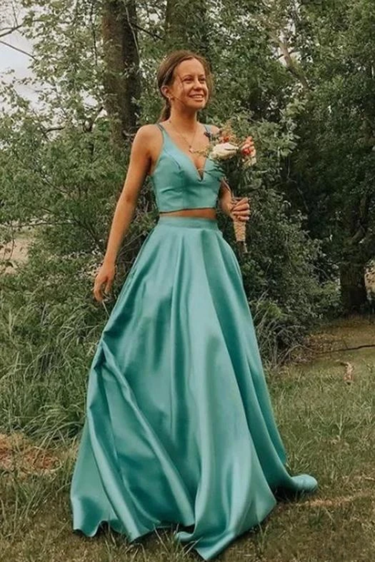 Simple A Line Two Pieces V Neck Satin Prom Dresses Cheap Formal STCPQ87T2TL