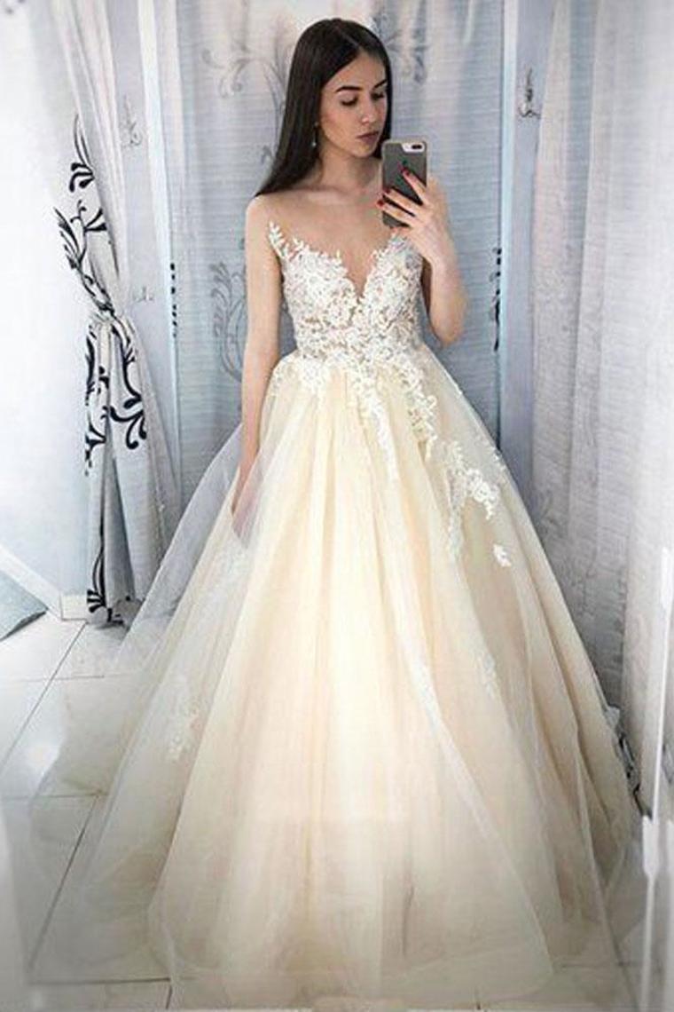 Scoop Neckling Long Ball Gown Ivory And Chanpagme Elegant Princess Prom