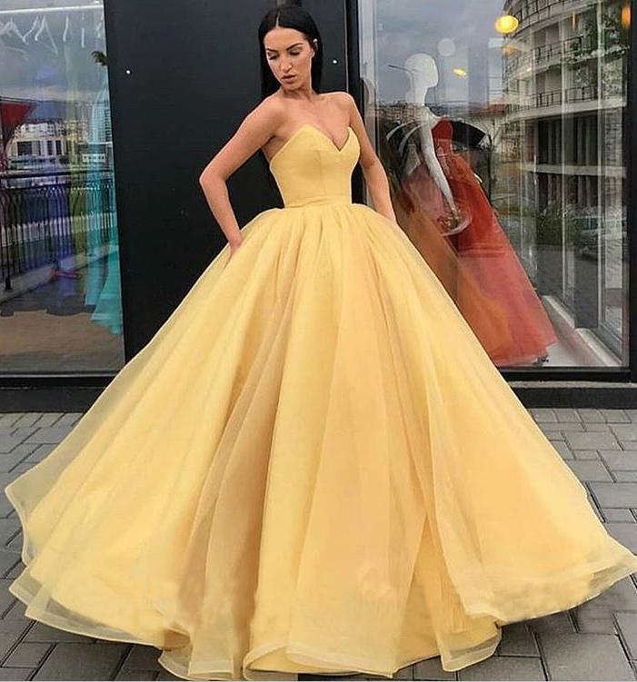 Sweetheart Strapless Yellow Long Modest Prom Gown, Ball Gown Quinceanera Dresses STC15441
