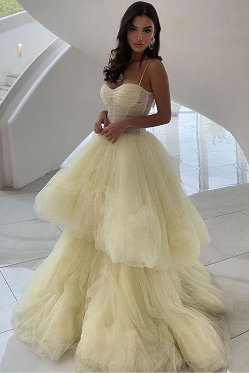 Princess A Line Spaghetti Straps Daffodil Layers Tulle Prom Dresses, Sweetheart Prom Gowns STC15284