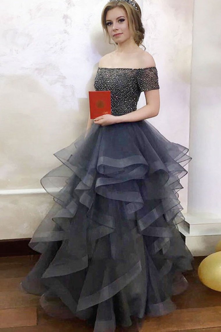 Modest Off The Shoulder Long Elegant Gray Beading Ball Gown Prom