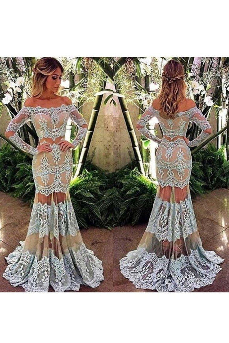 Long Sleeves Prom Dresses Mermaid Boat Neck Tulle With