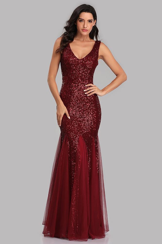 Sexy Burgundy Tulle V Neck Mermaid Sequin Prom Dresses, Evening Party Dresses STC15332